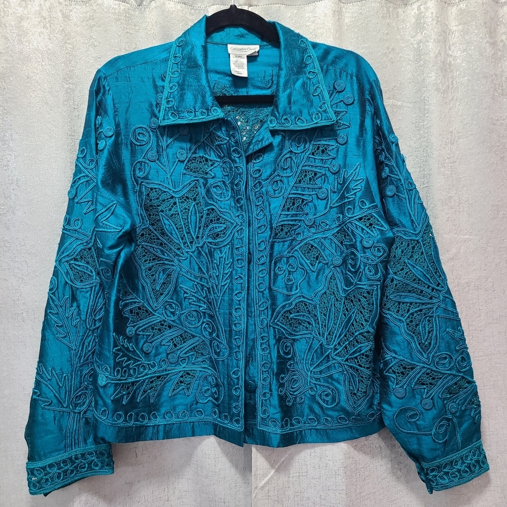 Coldwater Creek Turquoise‎ Embroidered Jacket 100% Silk Size M